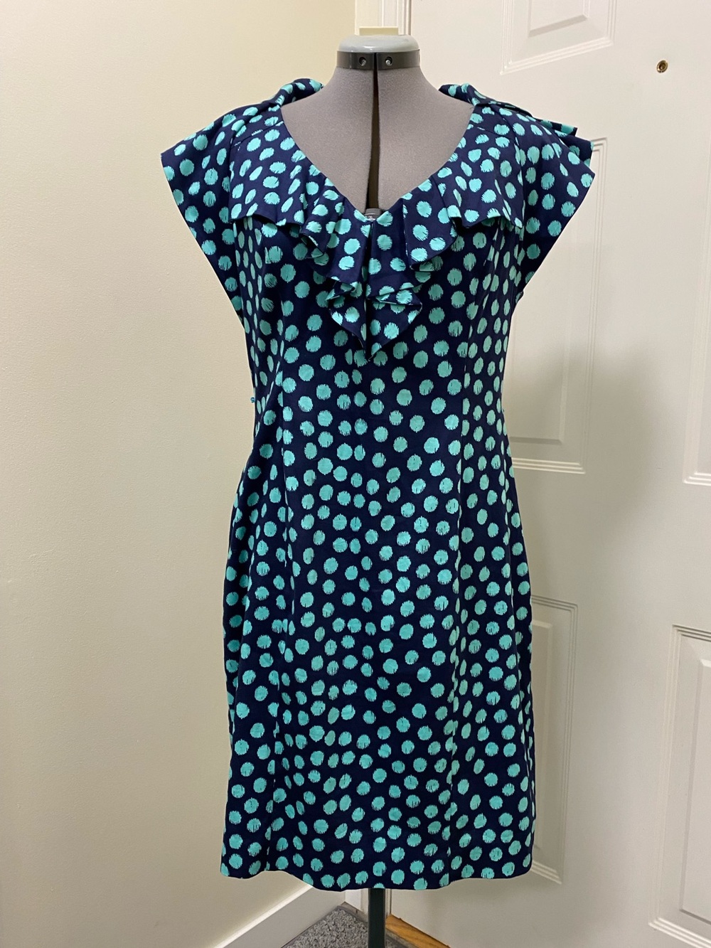 Jones & Co Cotton Blue Sleeveless V-neck Ruffle Polka Dot Midi Dress size 16